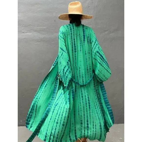 New Boho Flowy Ombre Tie Dye Beach Swim Coverup Maxi Duster Front Tie Green B500 - Picture 4 of 14